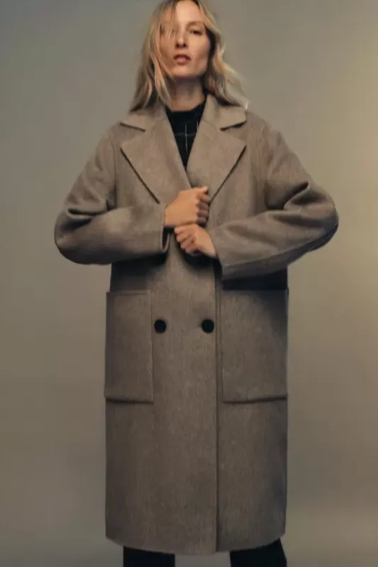 Long double-breasted wool-blend coat