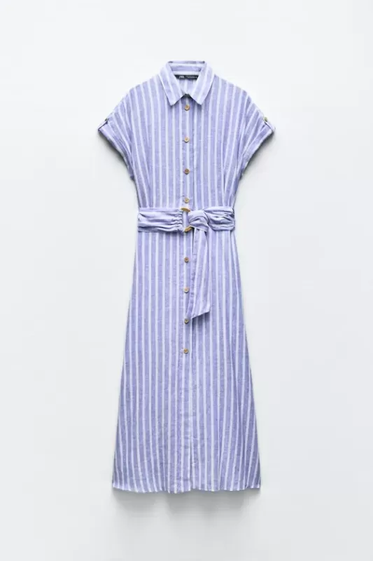 Striped linen blend midi shirt dress