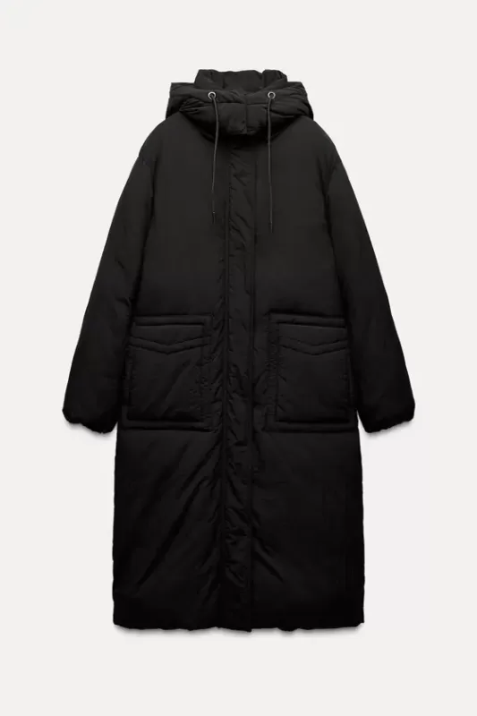 Long quilted anorak with hood