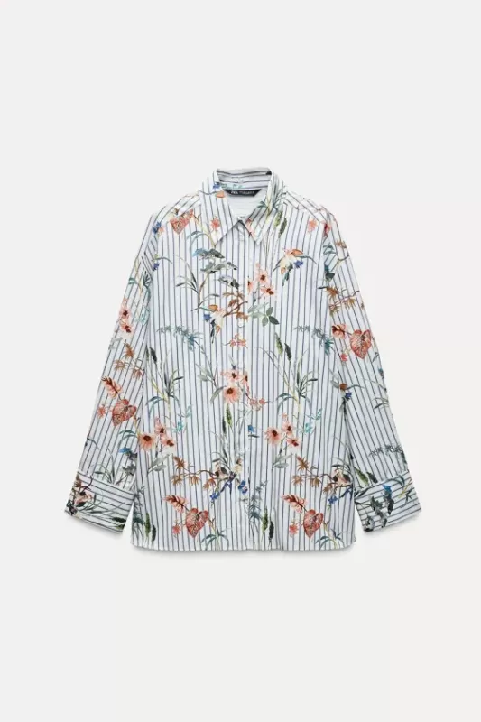 Bird print striped poplin shirt