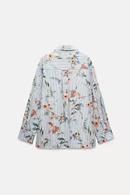 Bird print striped poplin shirt