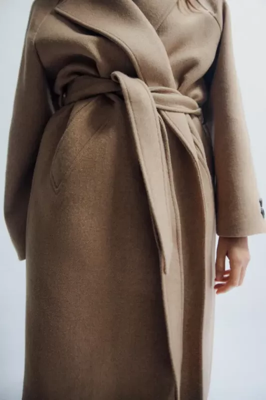 Long blended wool coat with belted waistband