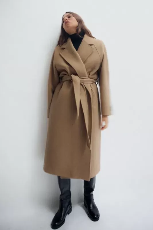 Long blended wool coat with belted waistband