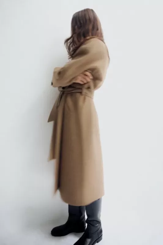 Long blended wool coat with belted waistband