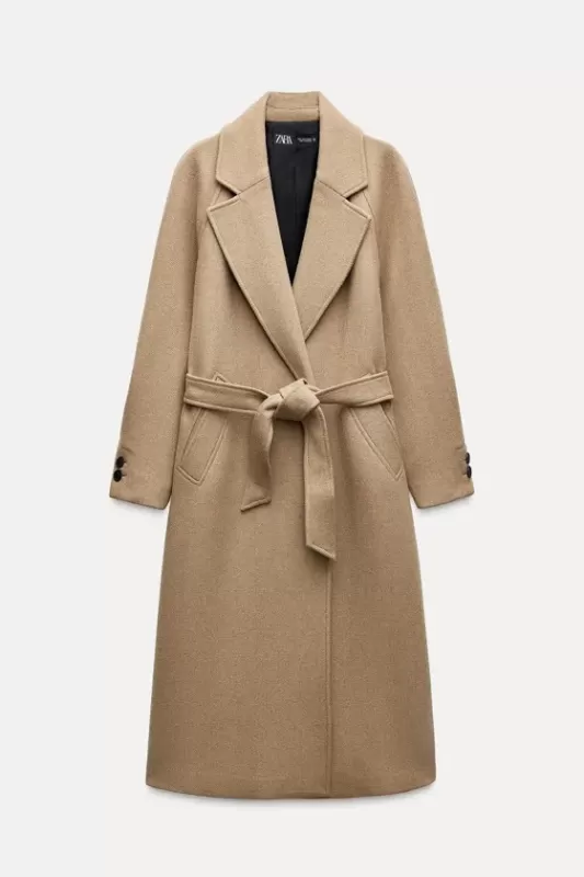 Long blended wool coat with belted waistband