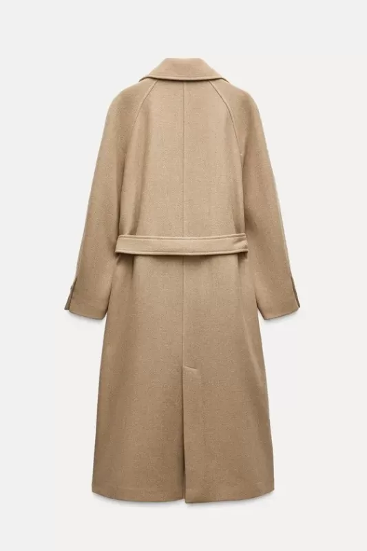 Long blended wool coat with belted waistband