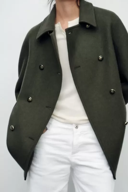 Cropped double-breasted wool blend coat