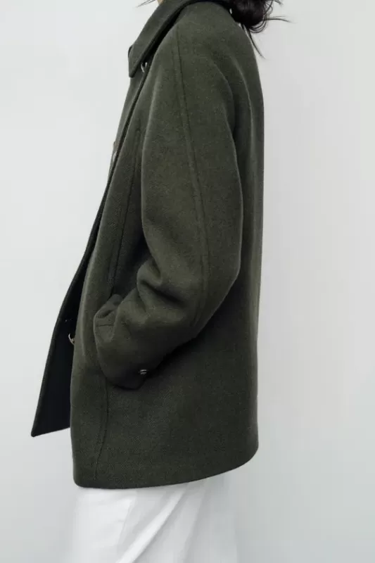 Cropped double-breasted wool blend coat