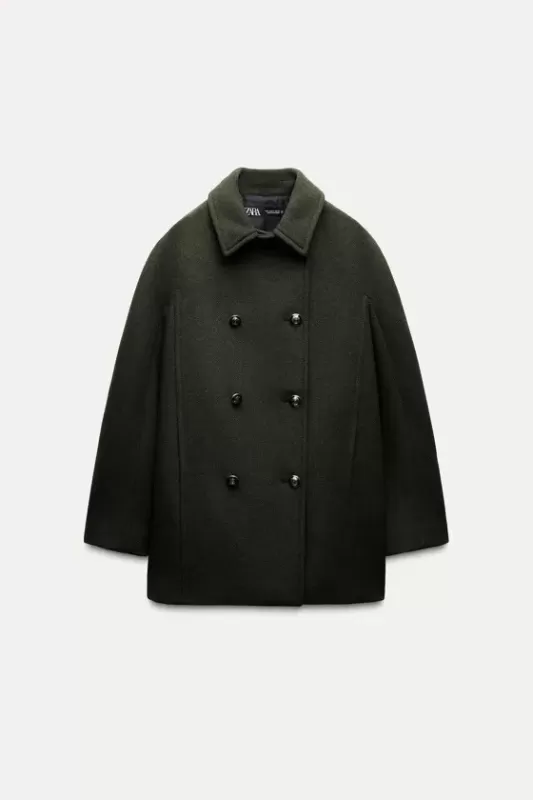 Cropped double-breasted wool blend coat