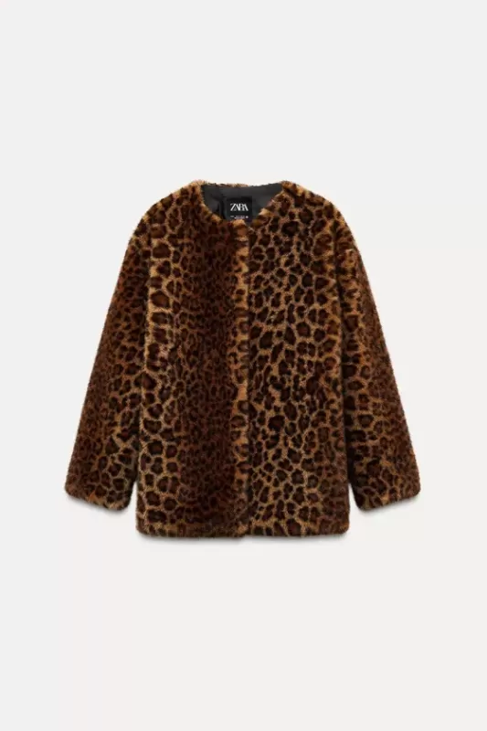 Faux fur coat with animalistic pattern