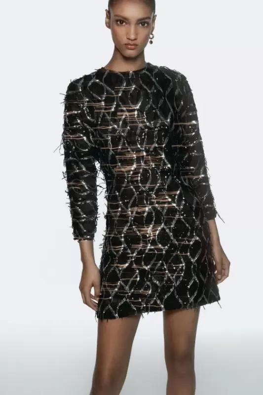 Mini dress with fringe and sequins