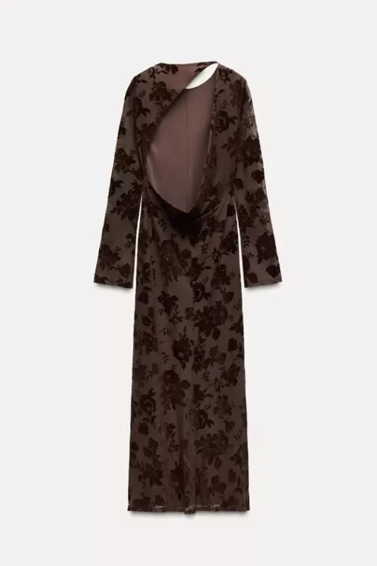 Long dress in semi-transparent fabric with velvety details